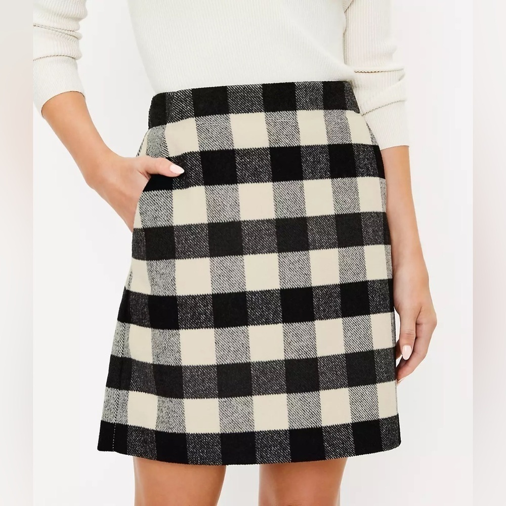 Loft Black and Cream Buffalo Plaid Wool Blend Checked Pocket Skirt Size 14